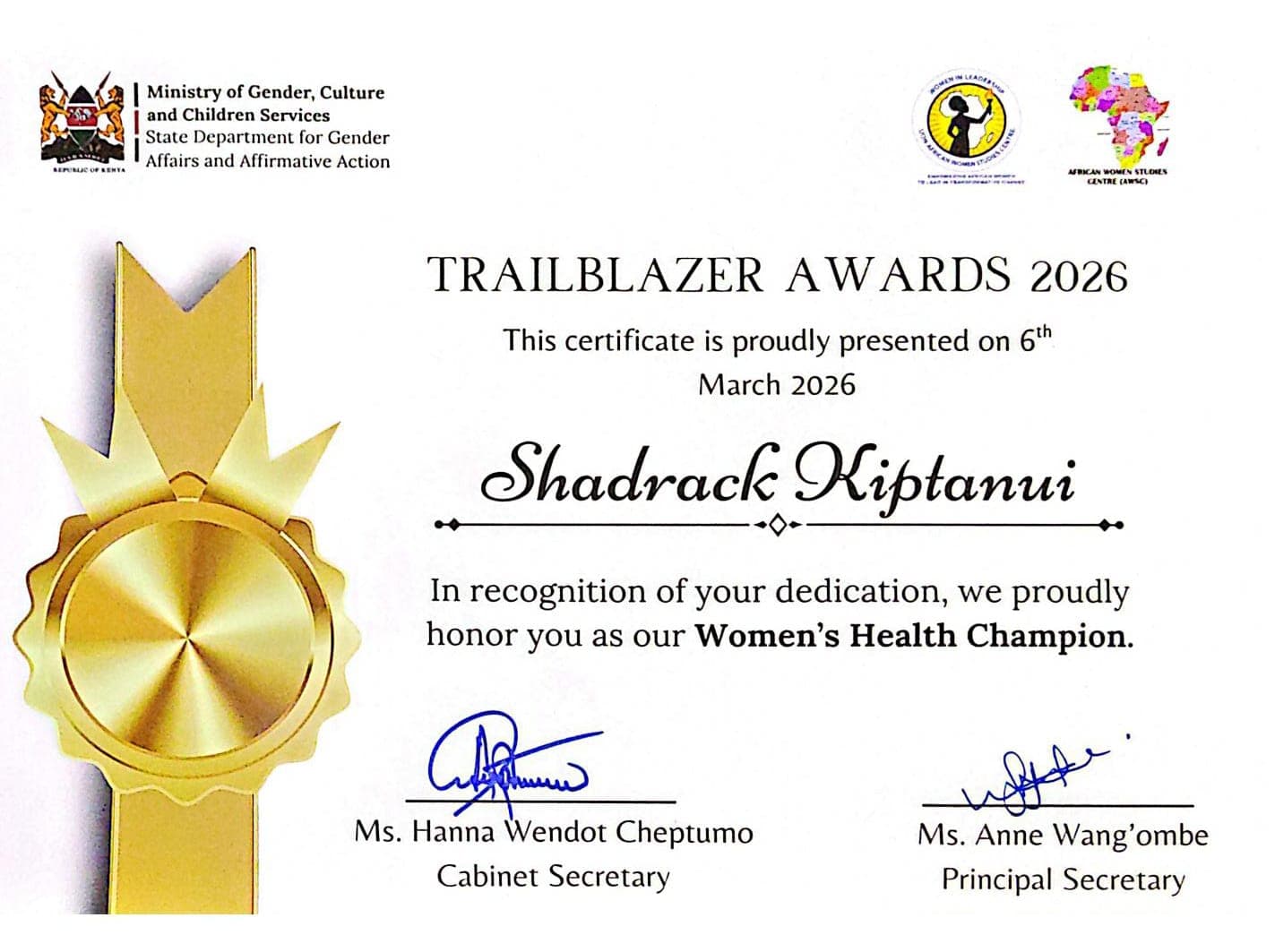 Trailblazer certificate for Koibatek Herbal Clinic
